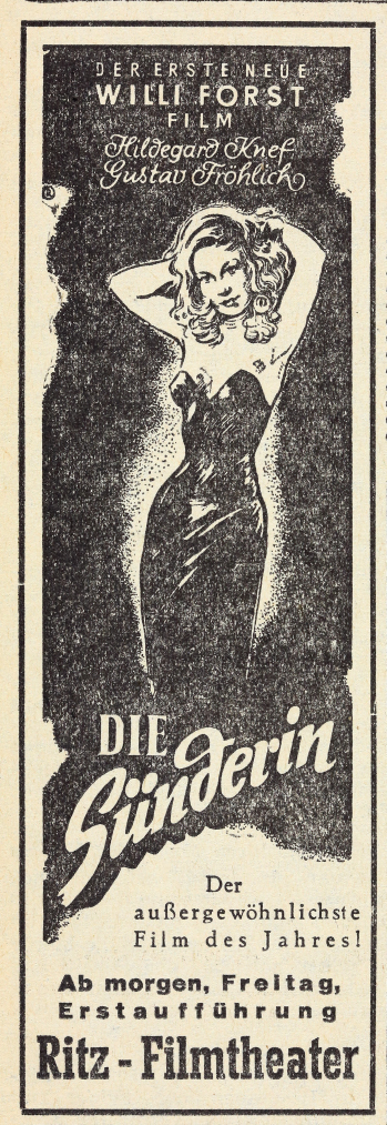 Werbung für „Die Sünderin“ im Osnabrücker Tageblatt: In Osnabrück wurde der Film im Kino (Filmtheater) „Ritz“ an der Lotter-Straße erstmals am Freitag, 19. Januar 1951 aufgeführt.leer