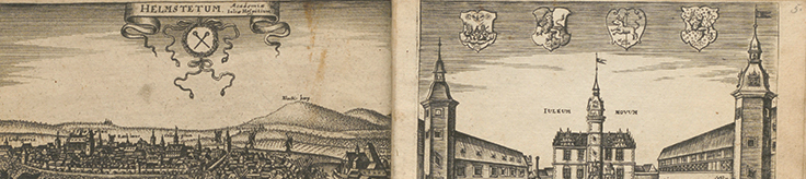 Stiche der Stadt Helmstedt und des Juleums in Helmstedt im Stammbuch des Gottfried Crusius (NLA WO, VI Hs 13, Nr. 29, pag 4v und 5r)