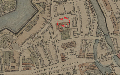 Zeichnung des Grundrisses der Neuen Synagoge in einem Ausschnitt des Stadtplans von Hannover von 1834