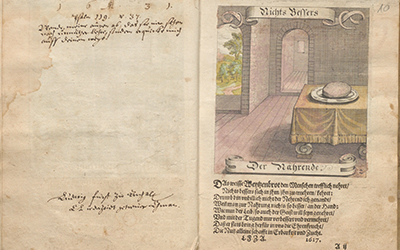 Eintrag Fürst Ludwigs von Anhalt-Köthen im Embleme-Buch der Fruchtbringenden Gesellschaft seiner Ehefrau Sophie zu Lippe (NLA WO, VI Hs 13, Nr. 15, pag 9v und 10r)