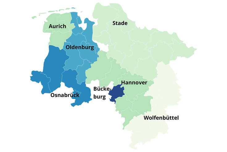 Karte mit den Grenzen der sieben Archivsprengel des niedersächsischen Landesarchivs